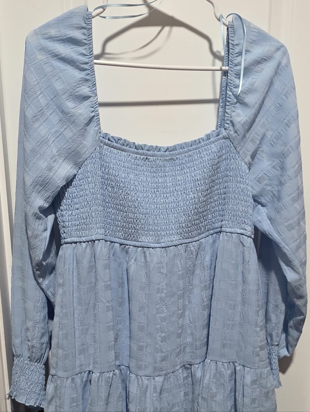 Light Blue Smocked Square-Neck Mini Dress with Bishop Sleeves - Picture 7 of 8